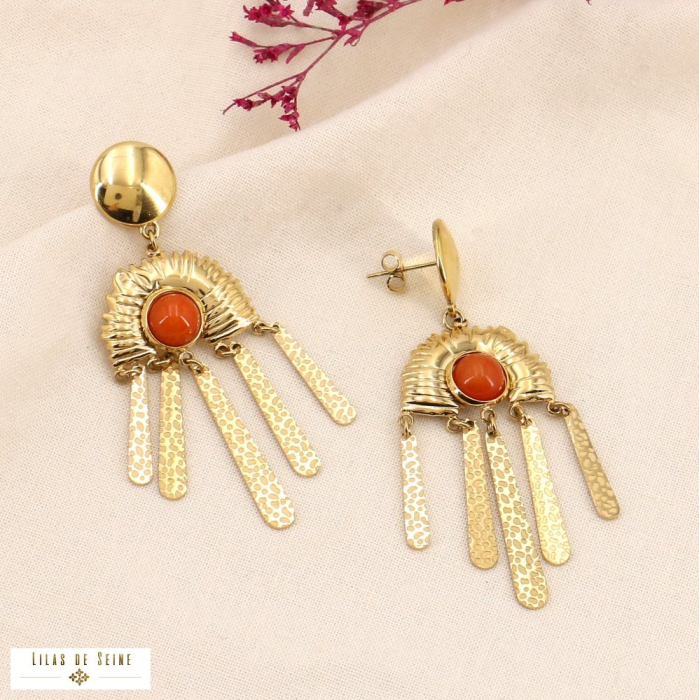 Boucles d'oreilles pendantes antique acier inoxydable pierre 0323605 orange foncé