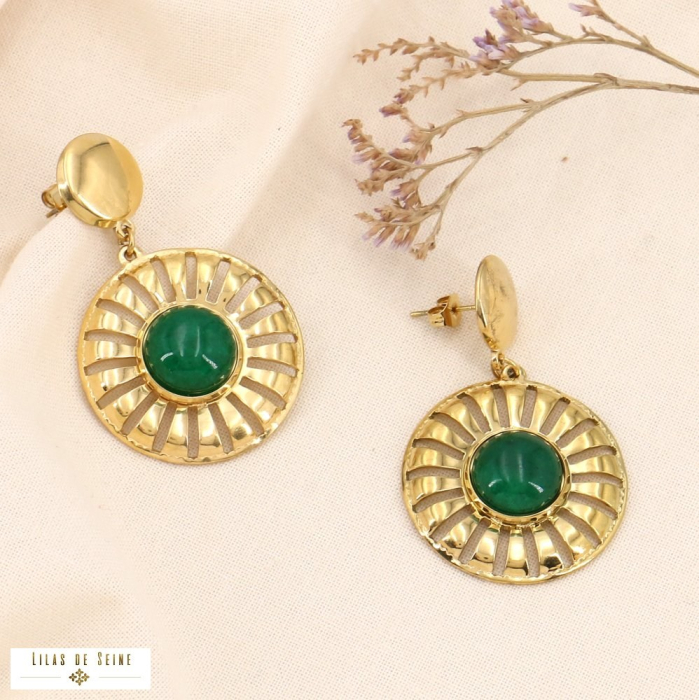 Boucles d'oreilles rondes antique acier inoxydable pierre 0323606 vert foncé