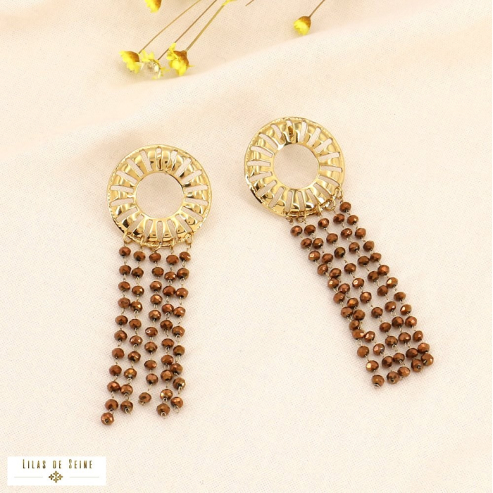 Boucles d'oreilles longues acier cascade billes cristal 0323607 bronze