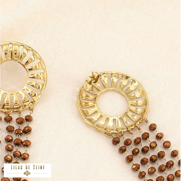 Boucles d'oreilles longues acier cascade billes cristal 0323607 bronze
