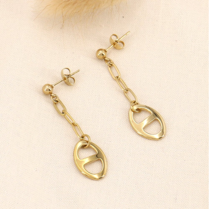 Boucles d'oreilles pendantes maille marine et trombone acier inoxydable 0323581 doré