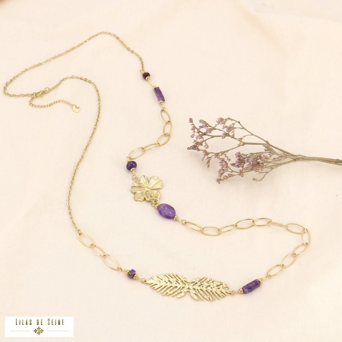 Sautoir bohème en acier fleur feuille texturées chaîne maillons ovales 0123566 violet