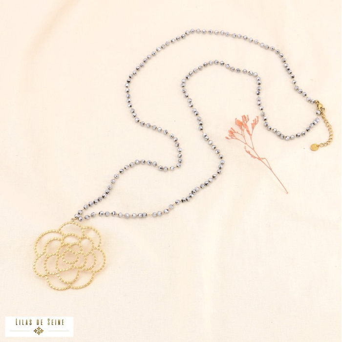 Sautoir acier inoxydable pendentif rose camélia billes cristal 0123631 doré/argenté