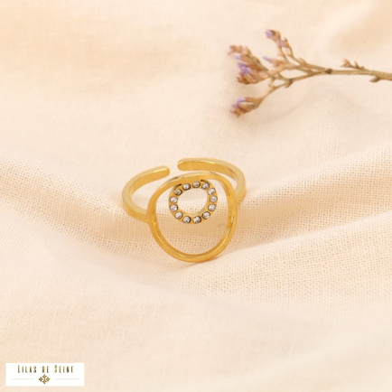 Bague double anneaux en acier inoxydable et cercle strass blanc ajustable 0423536 doré