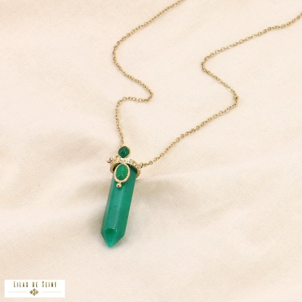 Collier long pendentif talisman en pierre véritable forme longue hexagonale et strass 0123555 vert aqua