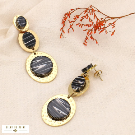 Boucles d'oreilles pendantes oversized trois disques acier martelé et acétate 0323533 noir