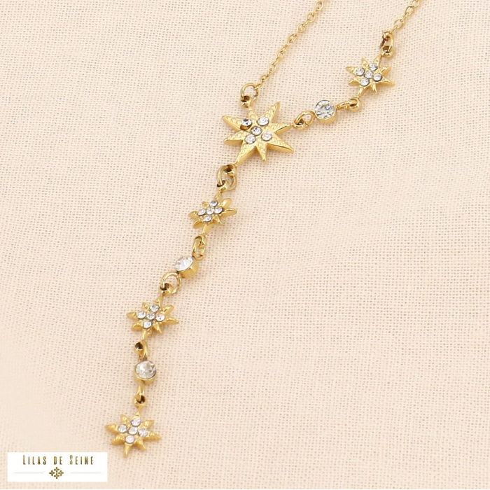 Collier Y acier inoxydable étoiles strass soirée 0123626 doré