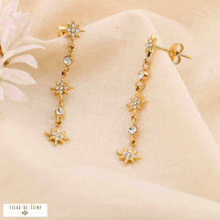 Boucles d’oreille pendantes acier inoxydable étoiles strass 0323593 doré