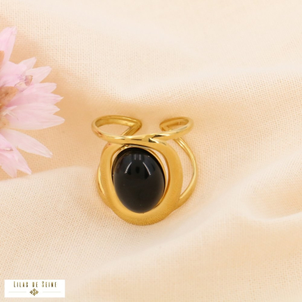 Bague large anneau acier entremêlé et cabochon pierre véritable 0423553 noir