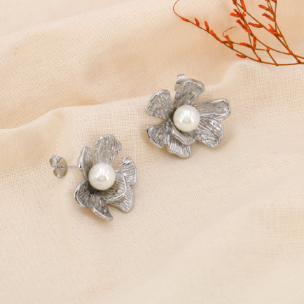 Boucles d'oreilles puce acier inoxydable fleur perle 0324114 argenté