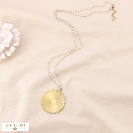 Sautoir perles fines pendentif pendentif acier fleur stylisée 0124008 doré