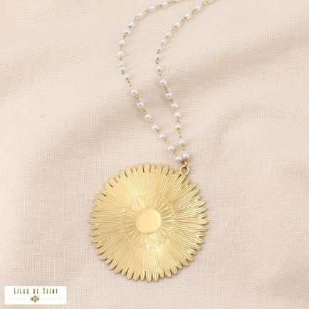 Sautoir perles fines pendentif pendentif acier fleur stylisée 0124008 doré