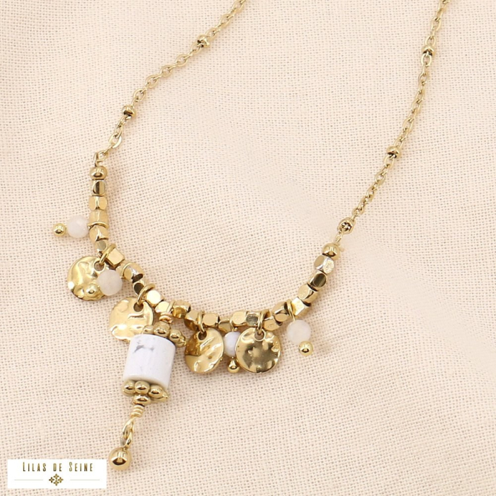 Collier acier inoxydable pampilles pierre naturelle disques 0124053 blanc