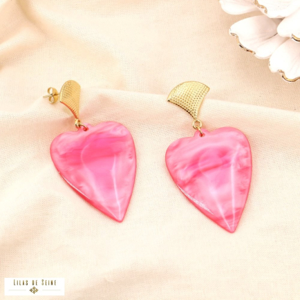 Boucles d'oreilles acier inoxydable coeur résine marbrée 0324008 fushia