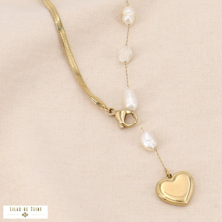 Collier acier inoxydable pendentif coeur perles eau douce 0124004 doré