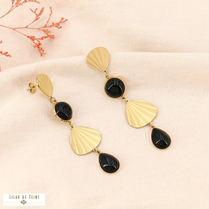 Boucles d'oreilles acier inoxydable coquillage cabochon pierre 0324010 noir