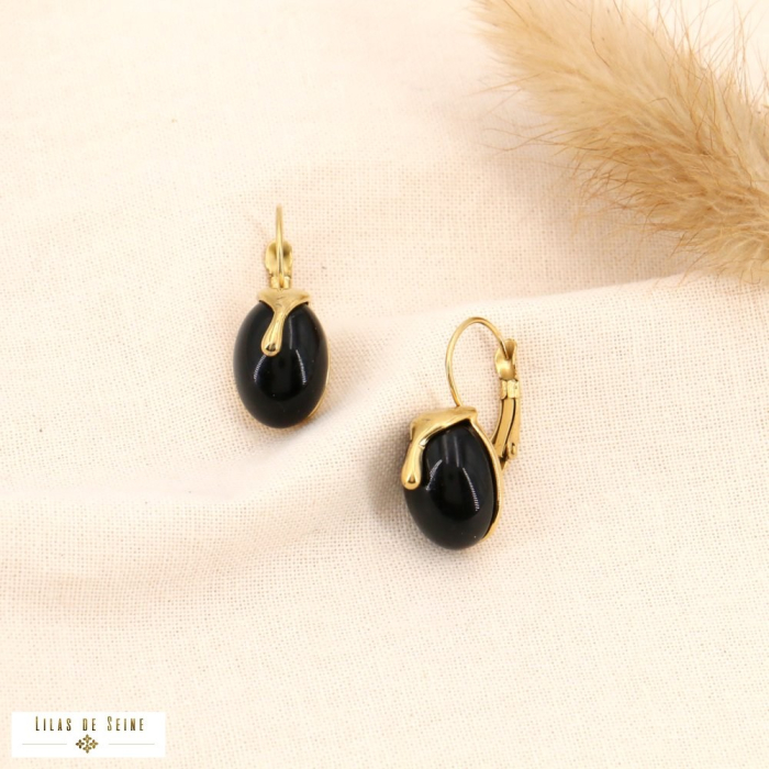 Boucles d'oreilles acier inox contemporain olive pierre 0324037 noir
