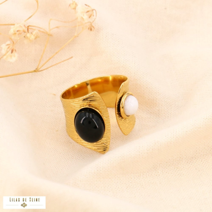 Bague ouverte acier inoxydable 2 cabochons pierre bicolore 0424005 noir/blanc