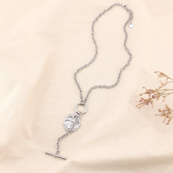 Collier acier inoxydable pendentif pièce martelée bâtonnet 0124031 argenté