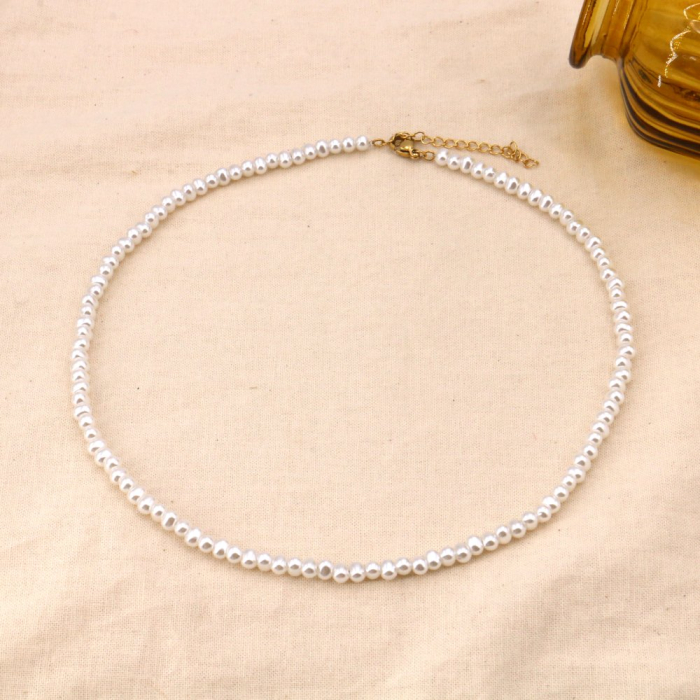 Collier billes imitation perle acrylique acier inoxydable 0124116 blanc