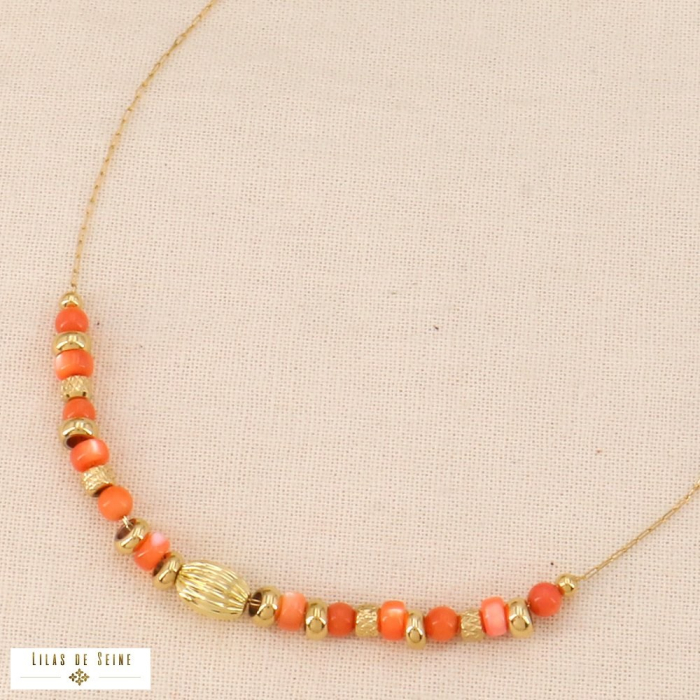 Collier acier inoxydable rondelles pierre naturelle 0124069 rouge corail
