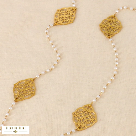 Sautoir perles imitation rosace acier inoxydable 0124010 doré