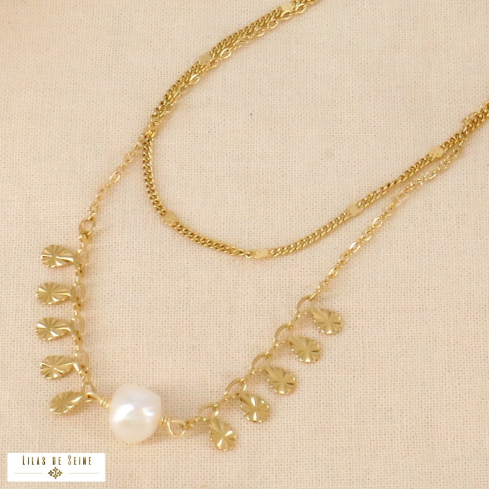 Collier double-rangs acier inoxydable perle eau douce 0124052 blanc