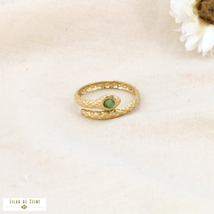 Bague en acier inoxydable et en pierre serpent pour femme 0424025 vert foncé