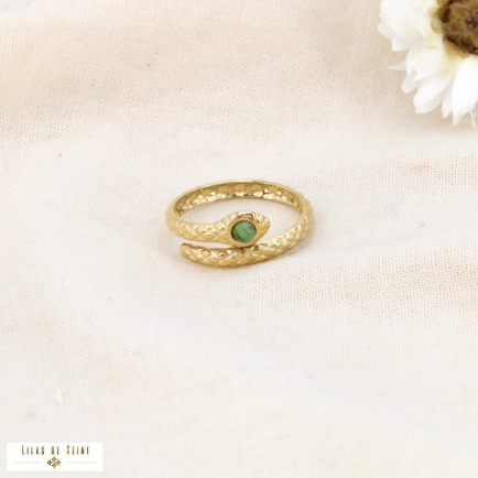 Bague en acier inoxydable et en pierre serpent pour femme 0424025 vert foncé