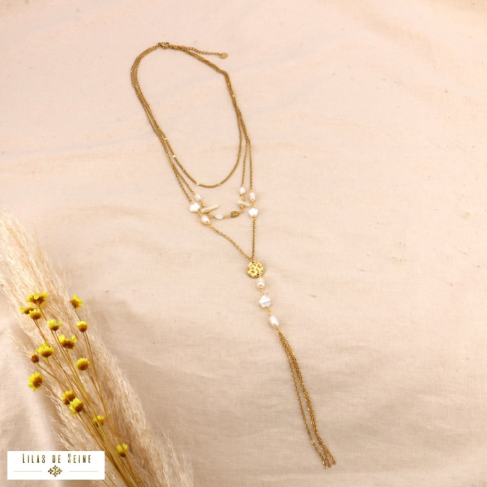 Long collier multi-rangs acier tassel perles étoile nacre 0124072 blanc