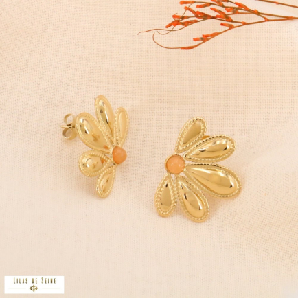 Boucles d'oreilles acier inoxydable fleur et cabochon pierre naturelle 0324091 orange