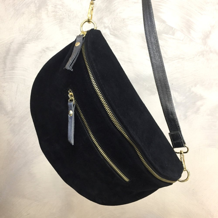 Sac banane cuir véritable daim 0924017 noir