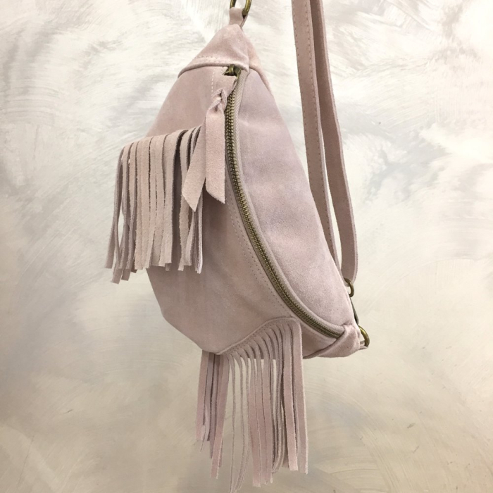 Sac banane cuir véritable daim franges 0924018 rose nude