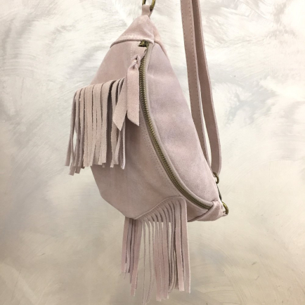 Sac banane cuir véritable daim franges 0924018 rose nude