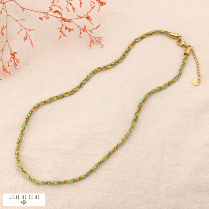 Collier tressé cordons corton chaîne acier inoxydable 0124076 vert