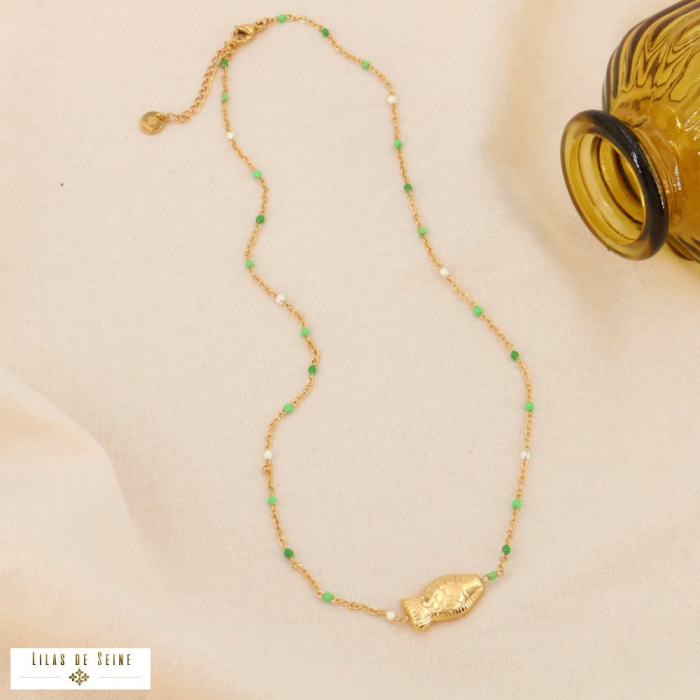 Collier talisman poisson acier inoxydable émail 0124018 vert