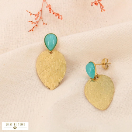 Boucles d'oreilles gouttes feuilles acier inoxydable pierre 0324032 vert aqua