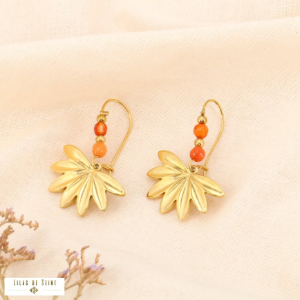 Boucles d'oreilles feuilles acier inoxydable pierre naturelle 0324022 orange