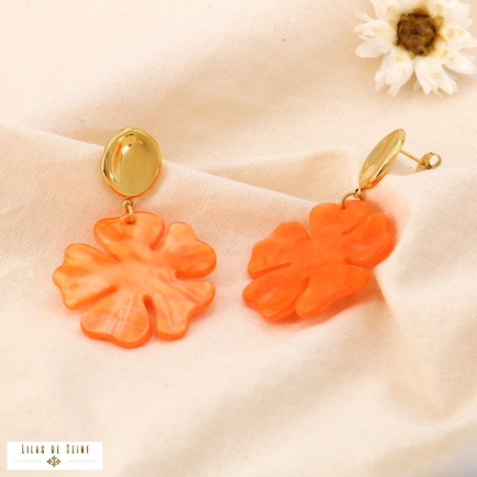 Boucles d'oreilles acier ovale inox fleur résine marbrée 0324006 orange