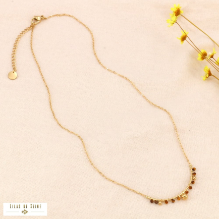 Collier minimaliste acier inoxydable billes pierres enfilées 0124049 marron