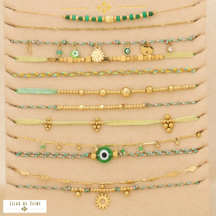 Ensemble 10 colliers acier inoxydable cordon présentoir 0124078 vert