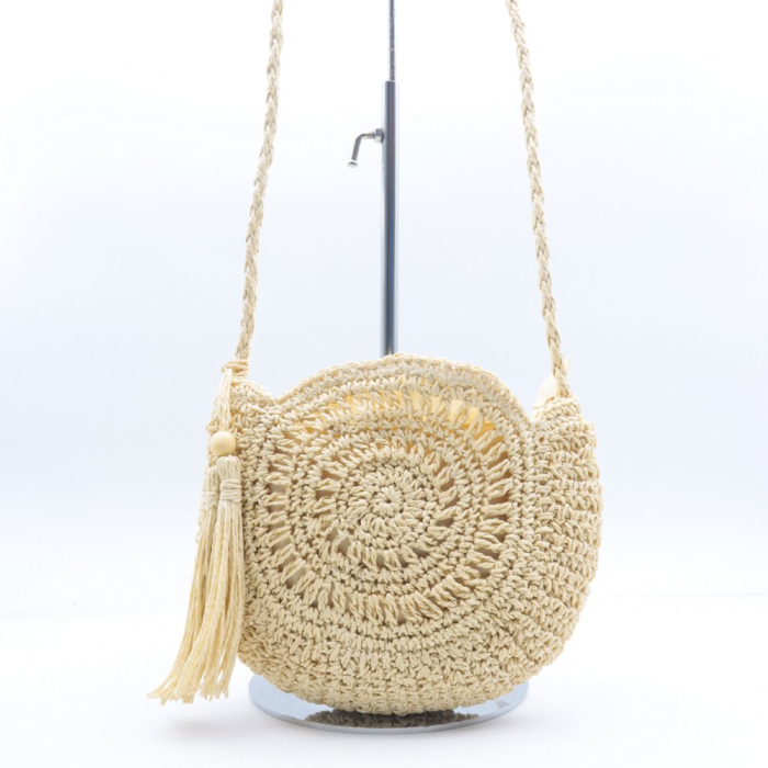 Sac rond à bandoulière paille papier pompon tassel Flora&Co 0924032 écru