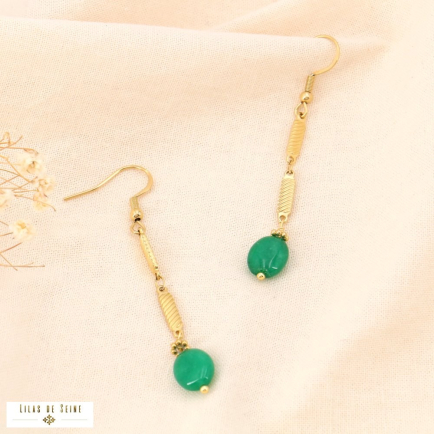 Boucles d'oreilles acier inox gouttes pierre perle eau douce 0324077 vert