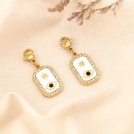 2 charms breloques double face oeil étoile émail acier strass 0624008 blanc