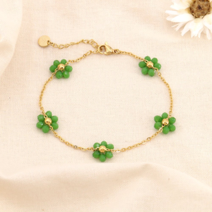 Bracelet en acier inoxydable fleurs bille facettée cristal 0224092 vert