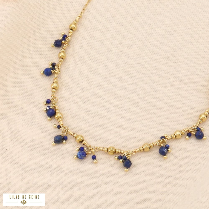 Collier acier inoxydable grappes billes facettées pierre véritable femme 0122529 bleu foncé