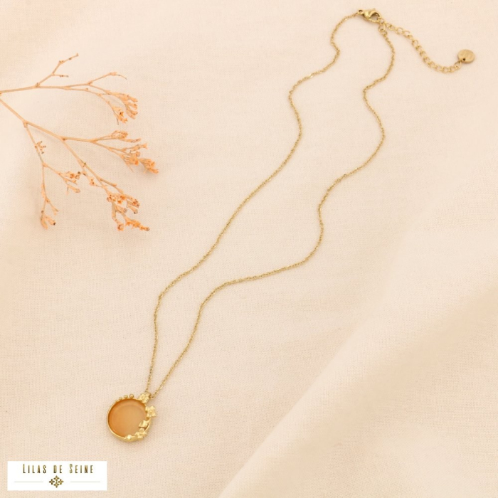 Collier acier inoxydable bohème fleur cabochon pierre 0124141 orange