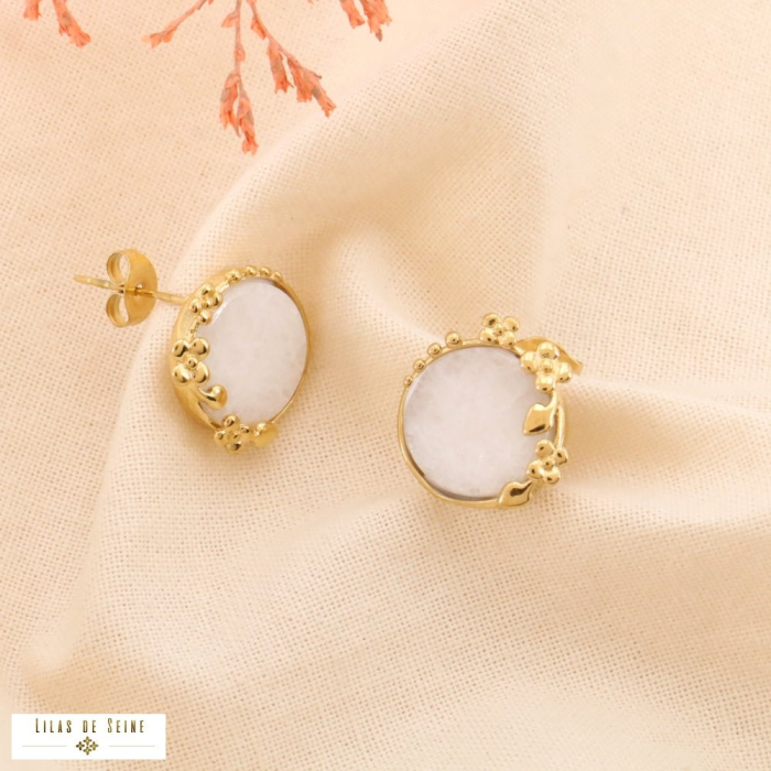 Boucles d'oreilles acier inox bohème fleur cabochon pierre 0324027 blanc