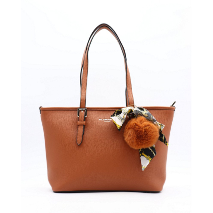 Cabas tote porté épaule Flora&Co simili-cuir grainé boule de poil foulard femme 0922024 cognac