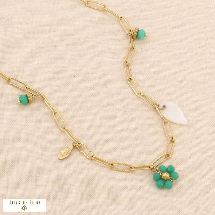 Collier pampilles fleur feuille plume acier inox nacre pierre 0124143 vert